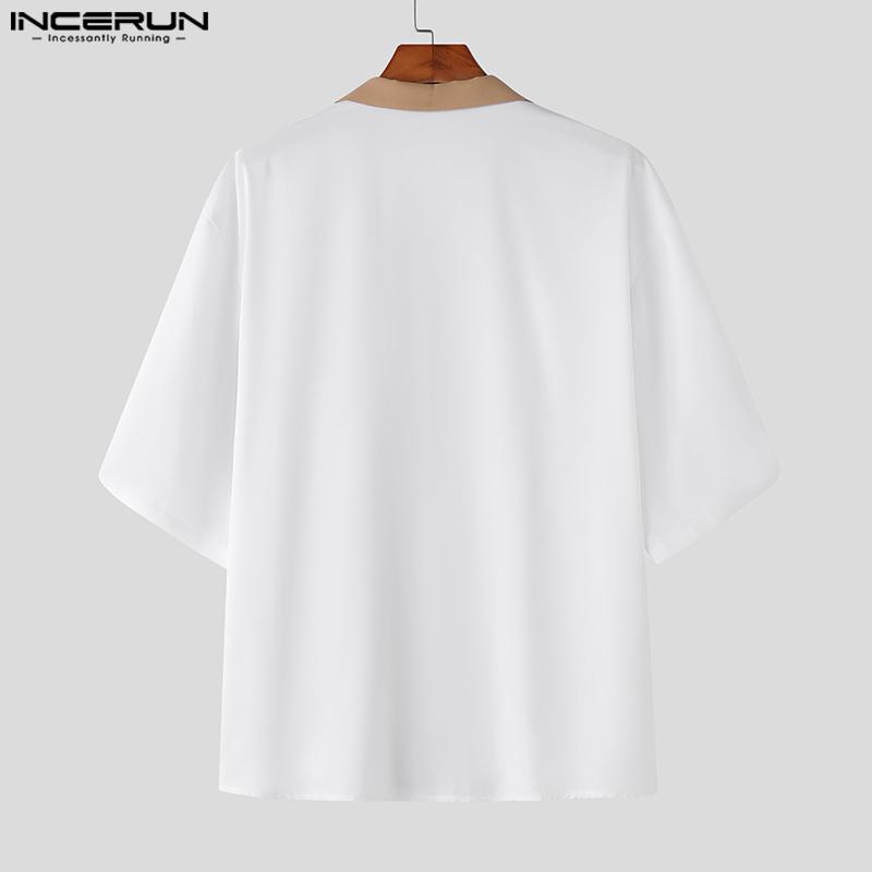INCERUN Oversized Men Lapel Neck Half Sleeve Patchwork Casual Shirts