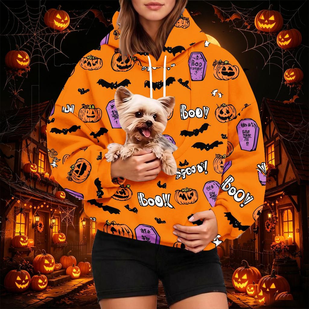 Women's Fashion Halloween Print Hoodie with Pet Pocket, Casual Pullover Sweatshirt for Fall