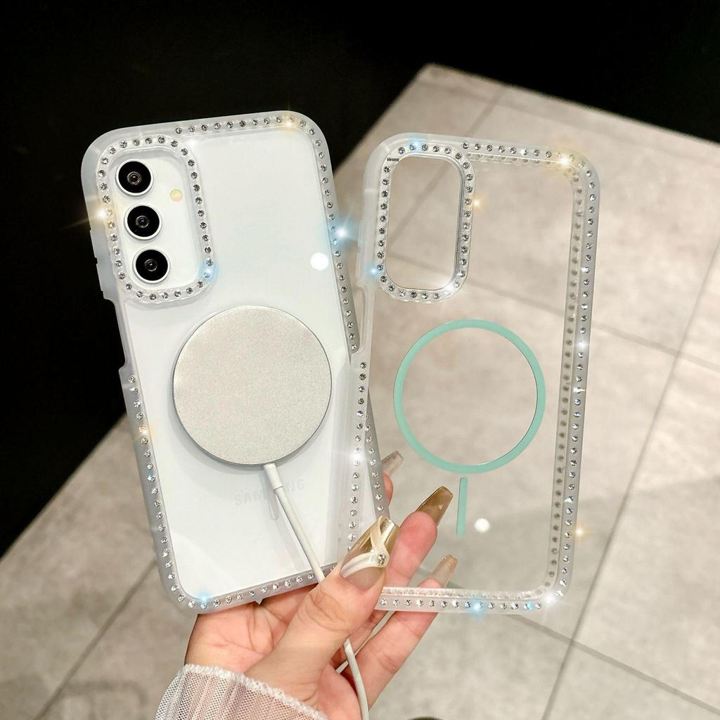 Luxury Diamond-Studded Magnetic Transparent Phone Case for S25ULTRA A56 A15 S24