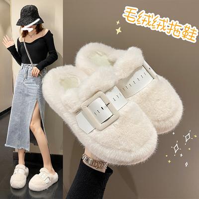 Internet Celebrity Bag Head Half Slippers Women's Outer Wear 2025 Autumn and Winter New High-end Muffin Mao Mao Shoes Platform Cotton Slippers