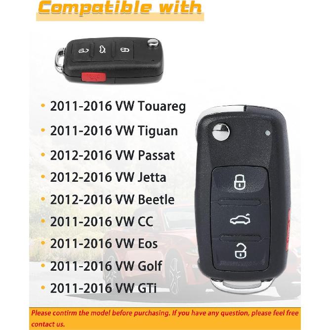Key Fob Replacement Fits for 2012-2016 Volkswagen Beetle Passat/ 2011-2016 CC Eos Golf GTI Jetta Tiguan Touareg Keyless Entry Remote Control
