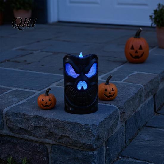 Battery Operated Spooky Candle Flameless Halloween with LED Light, Ghost Face Pumpkin Skull Design 3D Textured Safe Indoor Outdoor