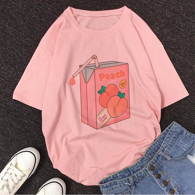 Cartoon Peach Juice Japanses Aesthetic Grunge T Shirt Women Harajuku Cute Kawaii Pink Summer Casual Tumblr Outfit Fashion Tops