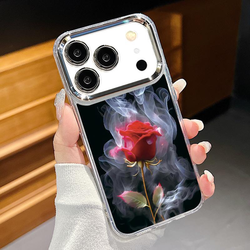 

Scarlet Red Rose Flower Pattern Case For iPhone 17 Pro Max Plating Lens Frame Clear Soft Cover For iPhone 16 15 14 13 Pro Max 11 16E 17E iPhone 16 прозорий