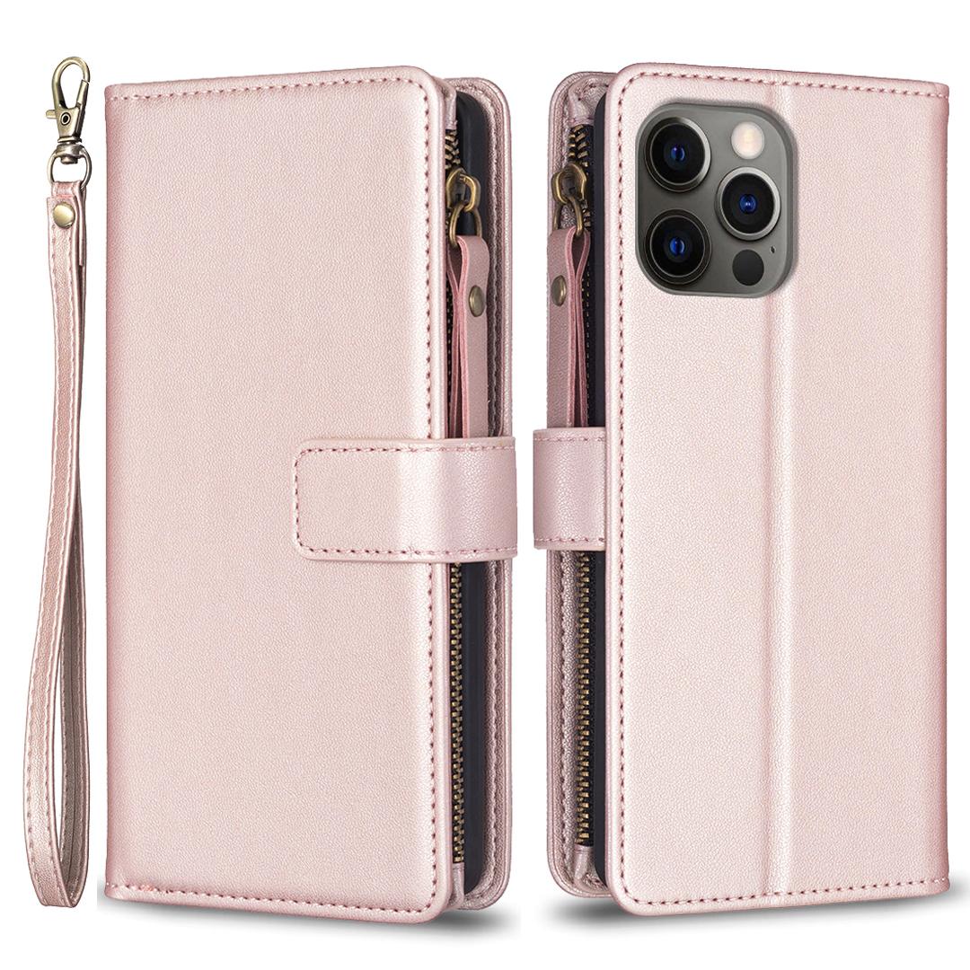 

BF Style-19 for iPhone 12/12 Pro Anti-scratch Leather Case Zipper Pocket Stand Phone Wallet Cover Rose Gold
