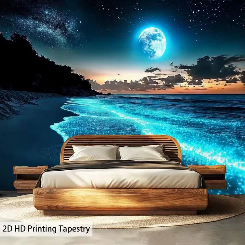 2D Ocean Night Scene Tapestry Glowing Beach Moon Starry Sky Wall Hanging for Home