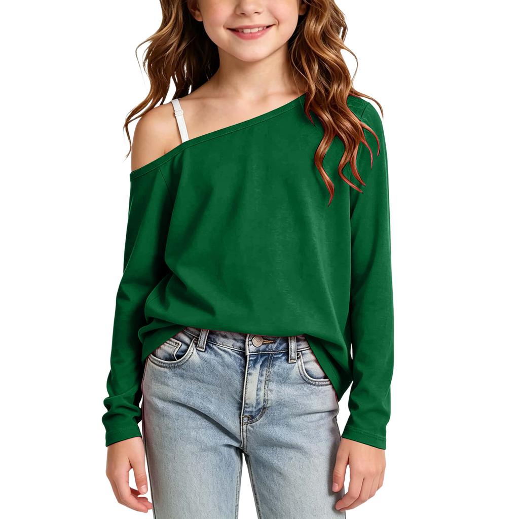 Kids Off-Shoulder Long Sleeve T-Shirt Loose Fit Color Casual Top