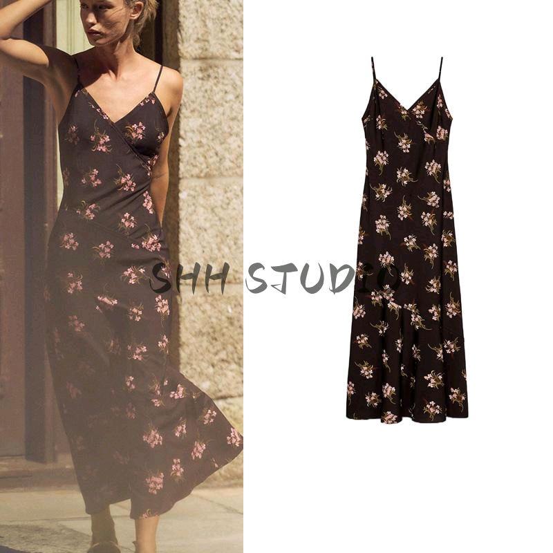 Spring New Women's Clothing Sexy Wind V Neck Sleeveless Printed Long Midi Skirt Sling Dress 2587053