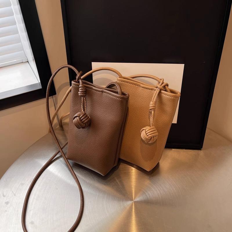 Women Crossbody Mobile Phone Bag Street With Literary Mini Artistic Small Round Ball Pendant Super Soft Leather Cute