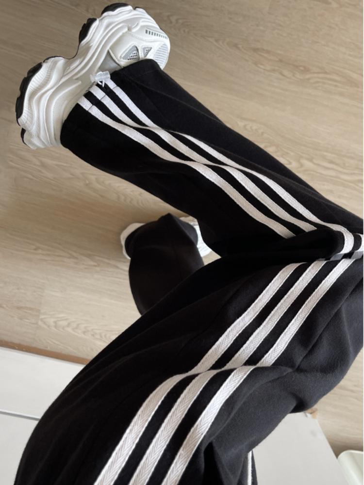 Striped Sports Pants, Women's Spring and Autumn Straight Leg Loose Sweatpants, Lazy Three Bar Wide Leg Pants