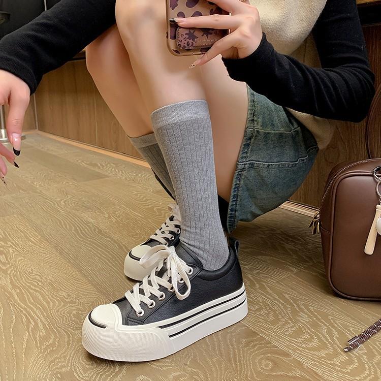 Cowhide version open smile leather inner height increase white shoes women's versatile thick sole breathable feet small sports casual board shoes