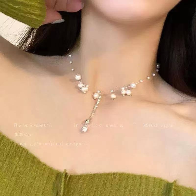 French pearl broken silver necklace women's summer light luxury niche high-end temperament neck chain new collarbone chain