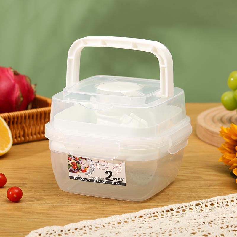 Přenosné 2vrstvé salátové misky s vidličkou 1300ml obědový box, uzavřené nepropustné bento boxy, opakovaně použitelný piknikový box, nádoba na potraviny