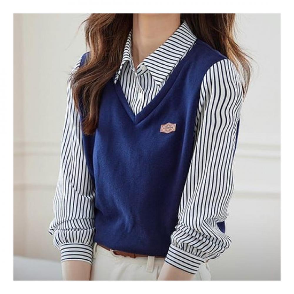 Navava Men Casual Stripe Two In One Long Sleeve Collar Shirt Nb1933