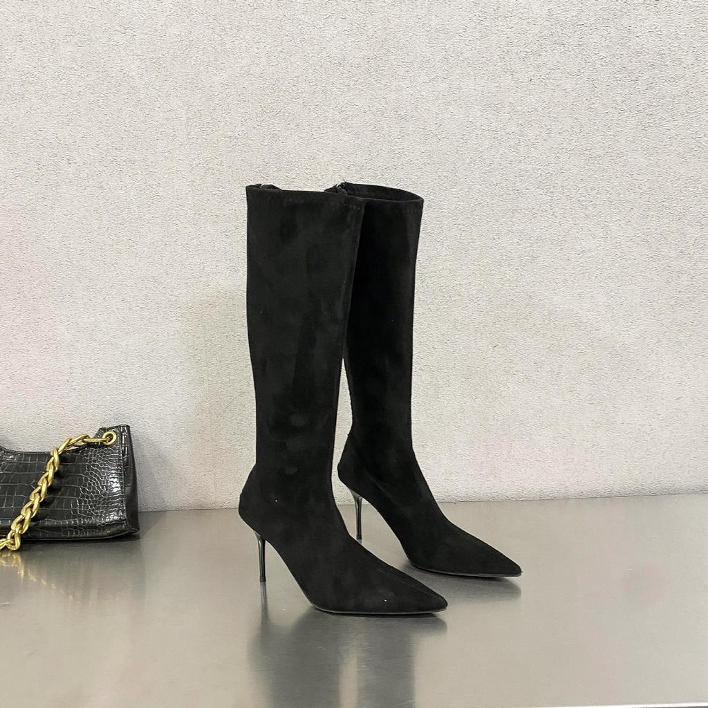 European and American Niche Temperament Suede High-heeled Boots 2025 Autumn and Winter New Pointed Thin Heels But Knee Zipper Tall Tube