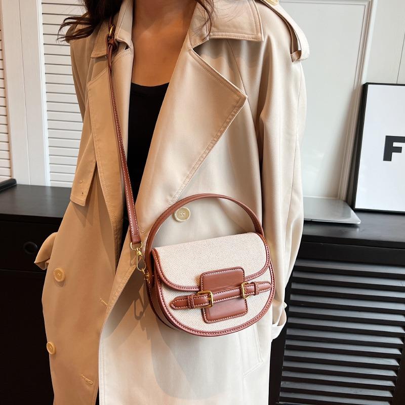 Semi-round Portable Retro Saddle Bag Women's Fashion Contrasting Color Niche Design Splicing Commuter Shoulder Messenger Bag