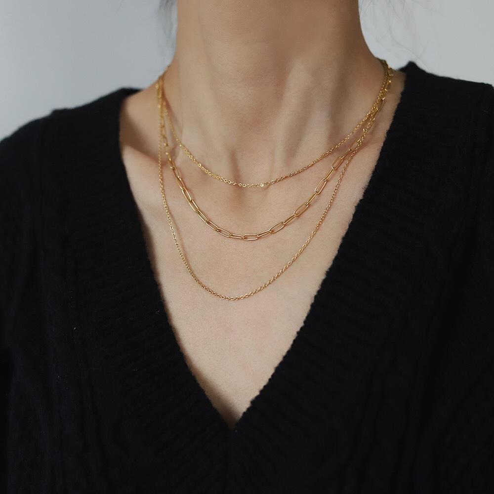 Joolim Jewelry 18K Gold Plated Triple Layered Three Layers Mixed Link Chain Necklace Stainless Steel Jewelry
