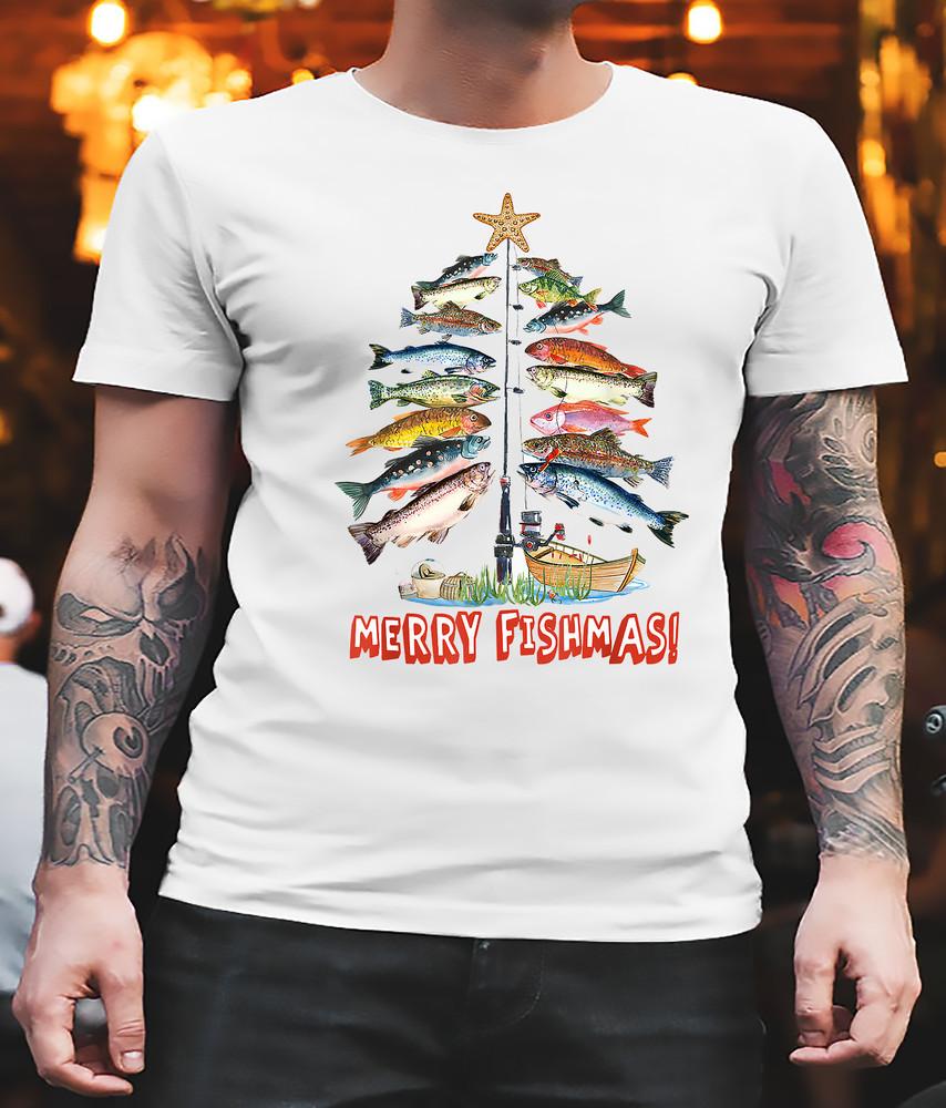 Merry Fishmas Christmas Tree Fish Fishing Funny T-Shirt Gift Unisex All Size Unisex T-Shirt S