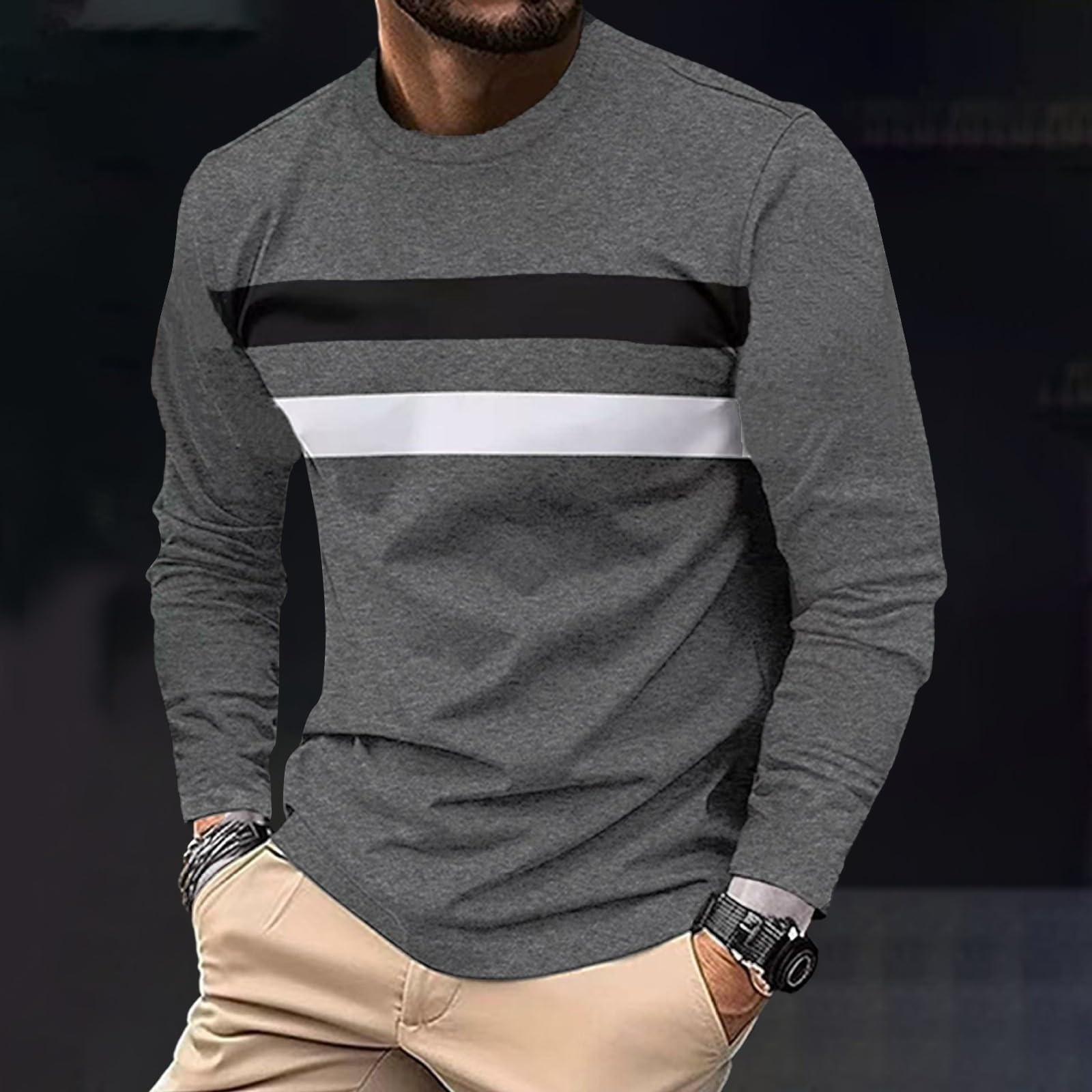 

Long Sleeve T Shirt Men Crewneck Fall Workout Shirts Mens Fashion Stripes Casual Tops Regular Fit Athletic Pullover L