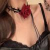 Adjustable Thorns Pattern Choker Necklace with Fabric Rose Pendant and Ribbon Tie Gothic Style Accessory for Women
