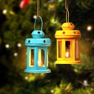 Set of 2 Hanging Lantern Tealight Candle Holder for Dining Table Home Decorations - Decorations Items for Home Decor and Gifts (Yellow and Blue