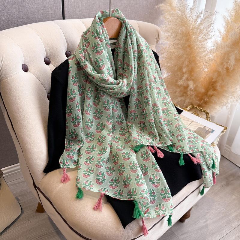 New Japanese Artistic Cotton Hemp Scarf With Small Fresh Green Silk Tourism Photography Decoration Sunshade Shawl
