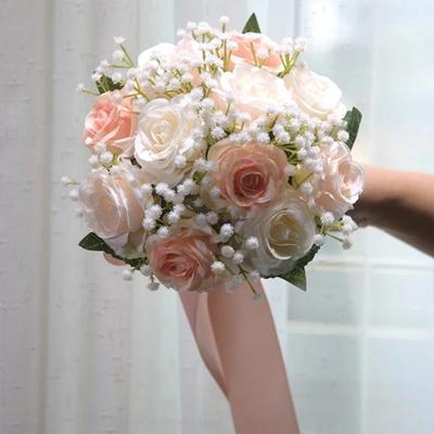 Buchet de Nuntă Romantic Trandafiri Artificiali cu Panglică de Mătase Flori Artificiale de Mătase Multi-funcțional Atingere Reală Buchet de Nuntă