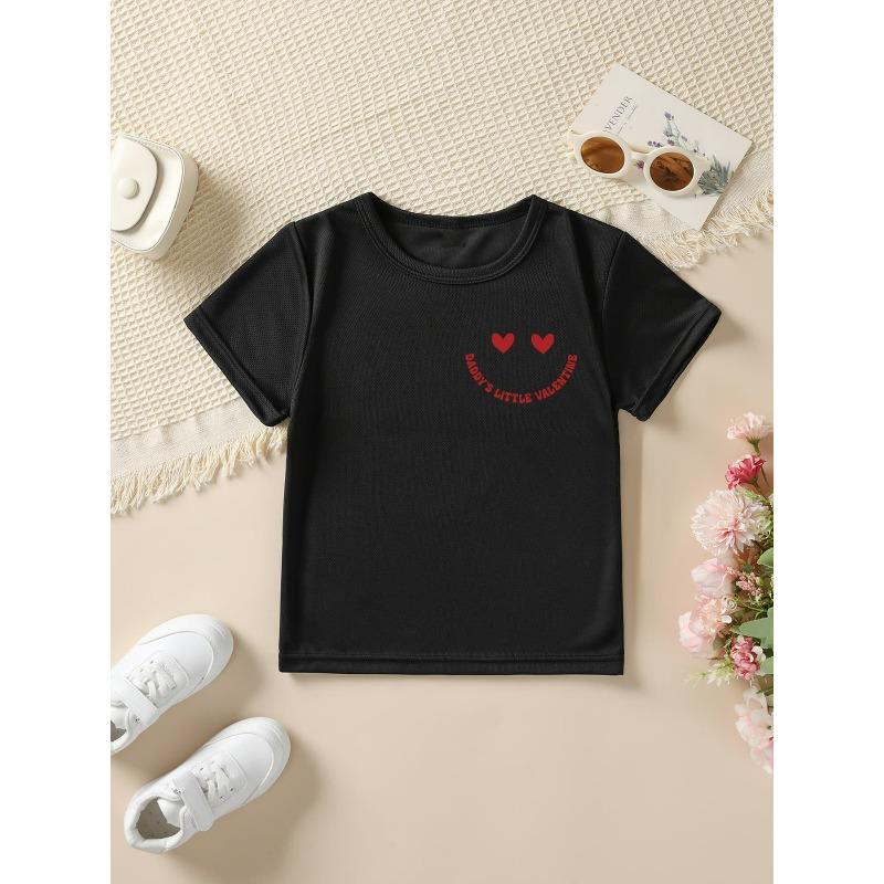 Mărimi europene Fete Modă de vară Tricou cu mânecă scurtă DADDYS LITTLE VALENTINE Imprimeu desen animat carouri și ochi de inimă Gât rotund casual