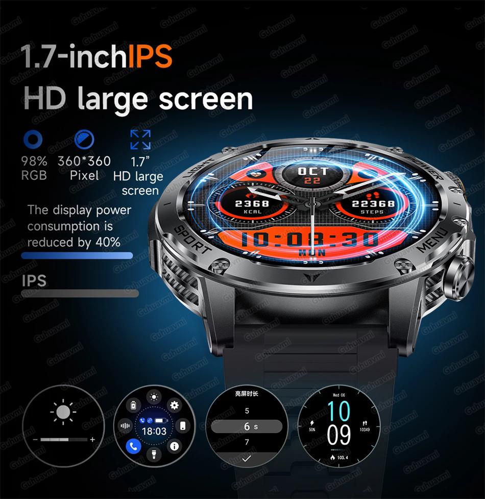 AK87 Men 1000mAh Battery Smart Watch 1.7-inch Large Screen GPS Track Heart Rate 3ATM Waterproof Wireless Call Sports Smartwatch