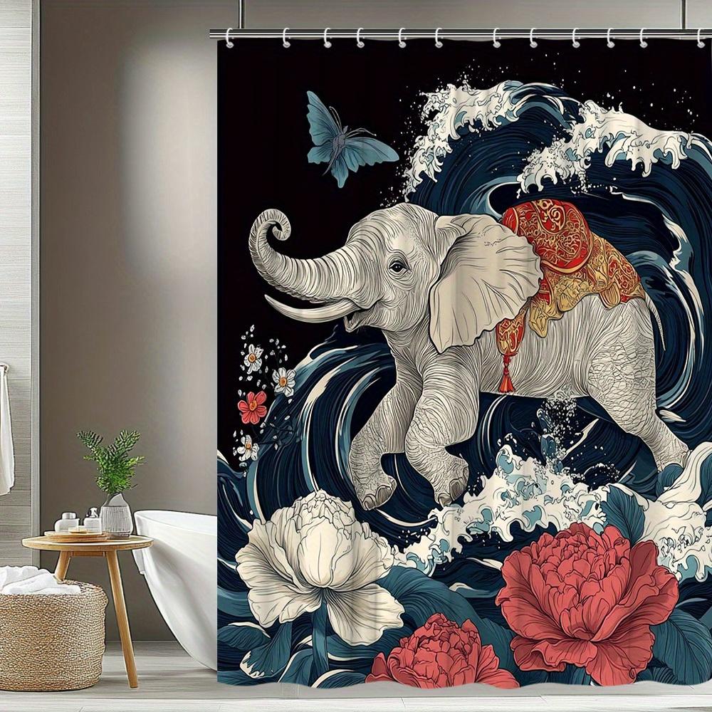 1Pc Elephant Shower Curtain - Vibrant Floral Elephant With Waves & Butterflies Design, Durable Polyester Fabric, Machine Washabl