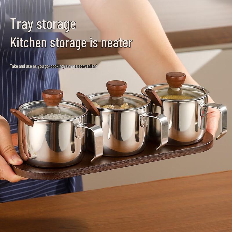 AIQY Easy Choice 304 Stainless Steel Seasoning Set 3 Jars + Spoons + Tray