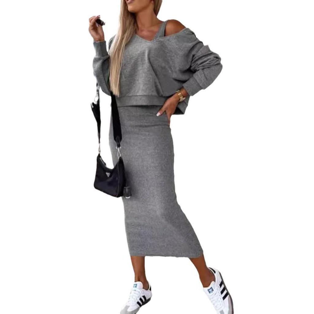 2023 New Autumn/Winter Two-Piece Vest Dress & V-Neck Sweatshirt Knitted Women's Set