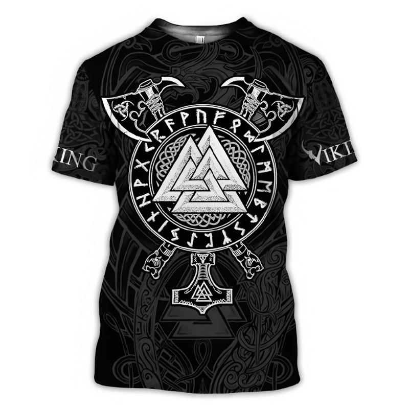Trendy Men's Clothing Graphic T-shirts 3D Digital Printing Viking Element Pattern Short Sleeved Loose Round Neck Top for Men