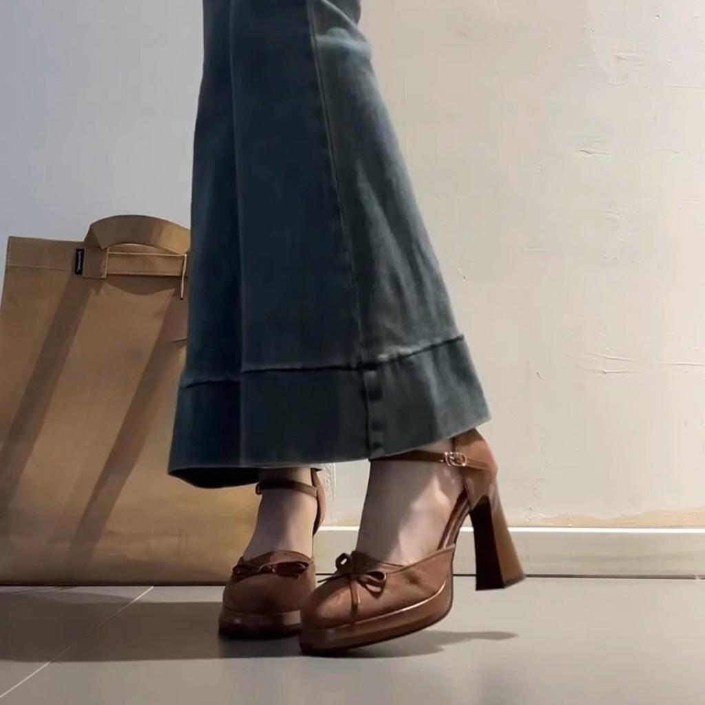 French Retro Mary Jane Shoes Women's 2025 New Bow Thick Heel with Skirt Hollow Single Shoes