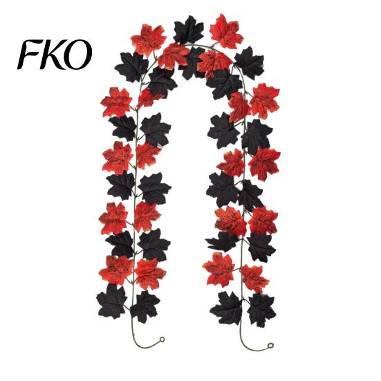 High-density Fabric Leaves Artificial Maple Leaf Garland, Autumn Faux Vine, Black & Red Fall Garland Hanging Vine for Fireplace Front Door