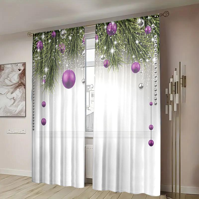 2 pieces, Christmas tree and ball printed curtains -30% blackout - suitable for living room, bedroom, kitchen, home decoration