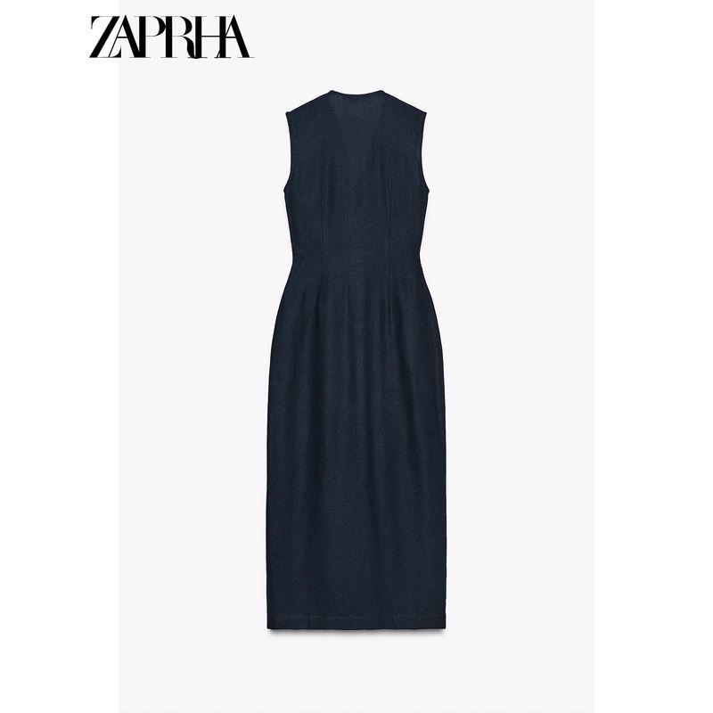 Zaprha 2025 Summer New Flip Pocket Decoration With Belt V-neck Sleeveless Midi Dress 8208709