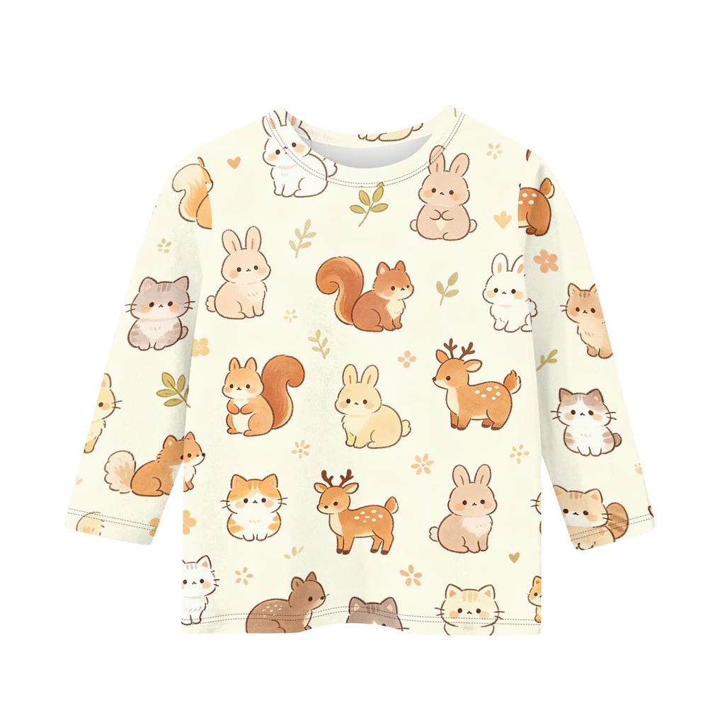 Kinder Tierdruck Rundhals Dreiviertelarm Lässiges T-Shirt Weicher Stoff Bequeme Passform Leichtes Design