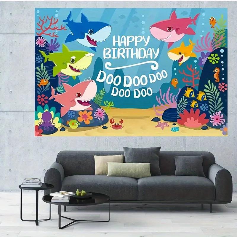 1 item, Colorful Shark Birthday Party, Polyester Photography Background Cloth 7x5 Feet, Birthday Banner and Flag Supplies