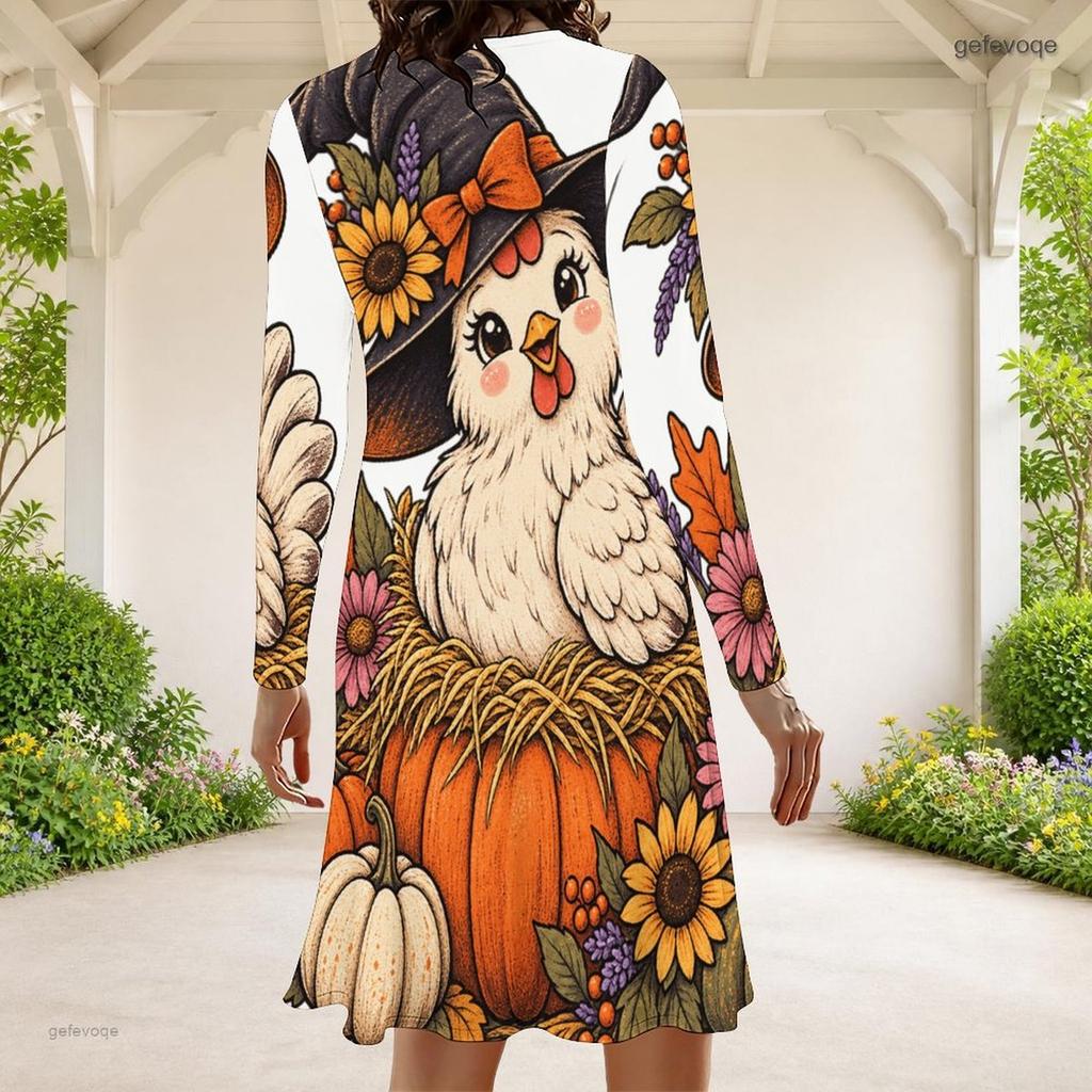 Women Plus Size Round Neck Long Sleeve A Line Flared Dress White Halloween Ghost Pumpkin Printed