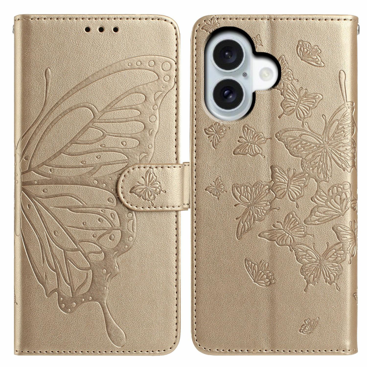 

For iPhone 17 Case Butterfly Imprinted Wallet Stand PU Leather Flip Phone Cover with Strap Gold