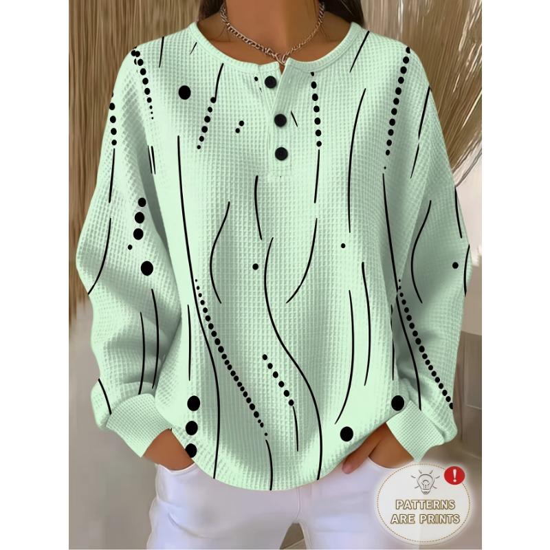 Henley Collar Standard Size Women'S 3-Button Waffle Long Sleeve Casual T-Shirt