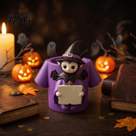 Desktop Storage Ornament Cute Witch Pen Holder, Resin Desk Organizer, Makeup Brush Halloween Organizer Cartoon Stationery Container for Office School