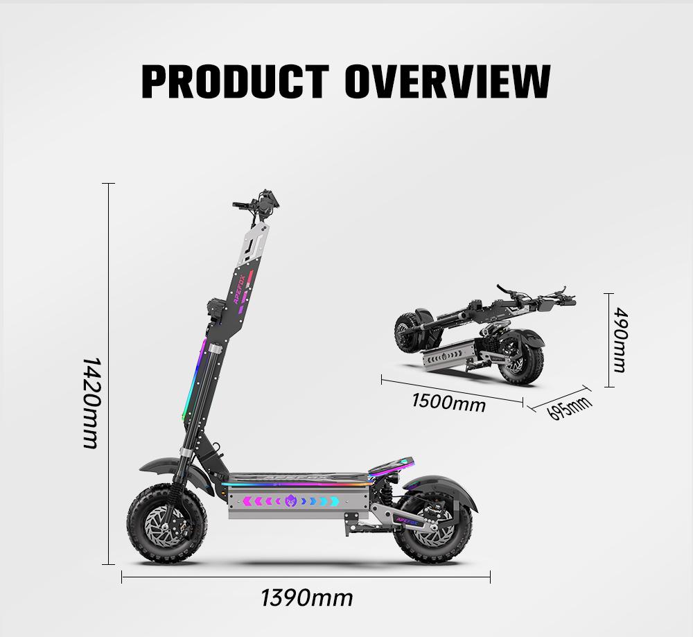 APEFOX T90 Ultra Pneus Off-Road de 13 Polegadas Patinete Elétrico 10000W Motores Duplos 72V40Ah, Freios a Disco Hidráulicos Autonomia 130-150KM Carga Máxima 150kg