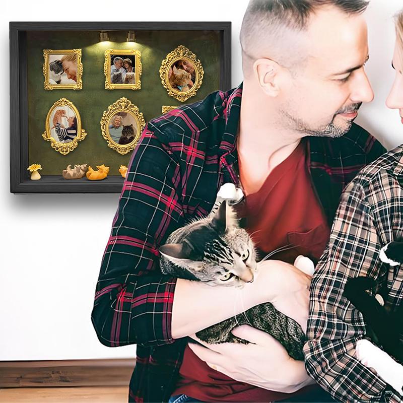 DIY Cat Mini Museum Silhouette Box, Familyand Cat Memory Photo Display Case Frame Silhouette Box With Light