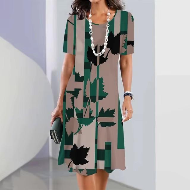 Elegant Women Short Sleeve Fashion 3d Print Midi Dress Plus Size Beach Clothing