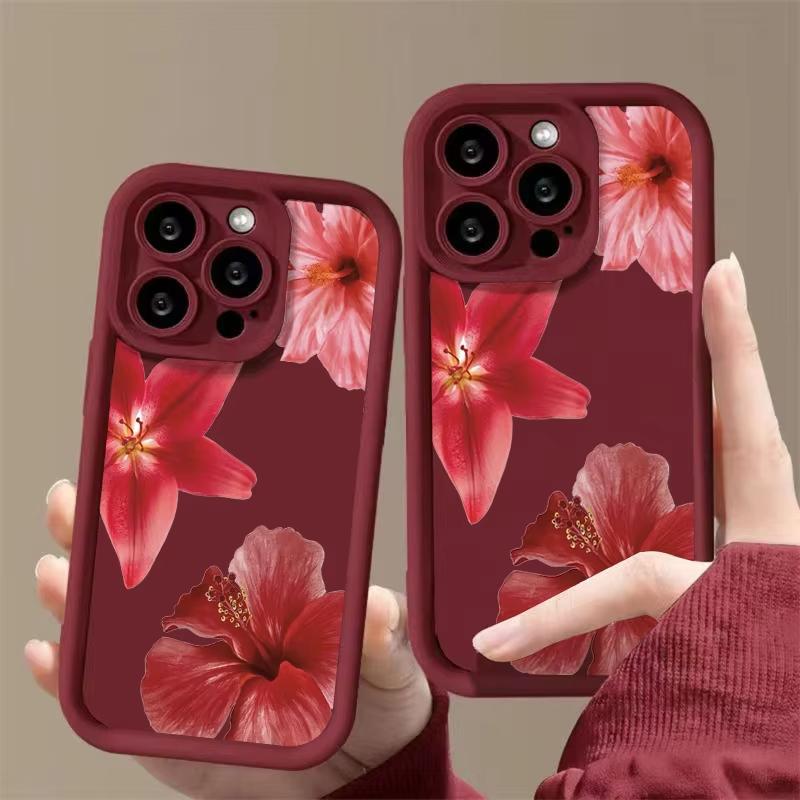 Wine Red Flower Print Soft Phone Case For iPhone 16 15 Pro Max 14 15 Plus 13 12 11 16E XR X XS Max 8 7 Plus SE2 Shockproof Cover