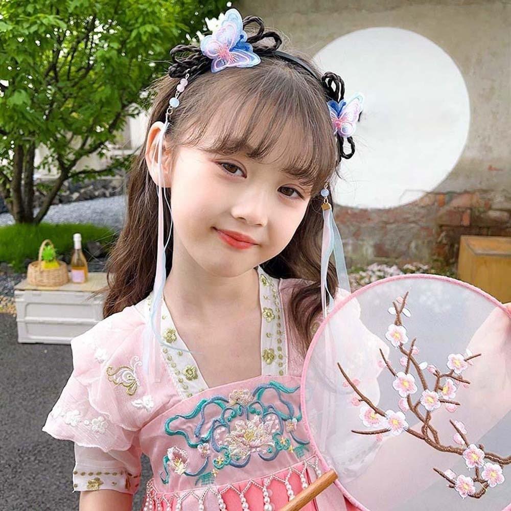 Diadema de Cinta de Mariposa Estilo Chino Borla para Niñas Tocados Hanfu Pelucas Aro para el Pelo Trenzado Fiesta
