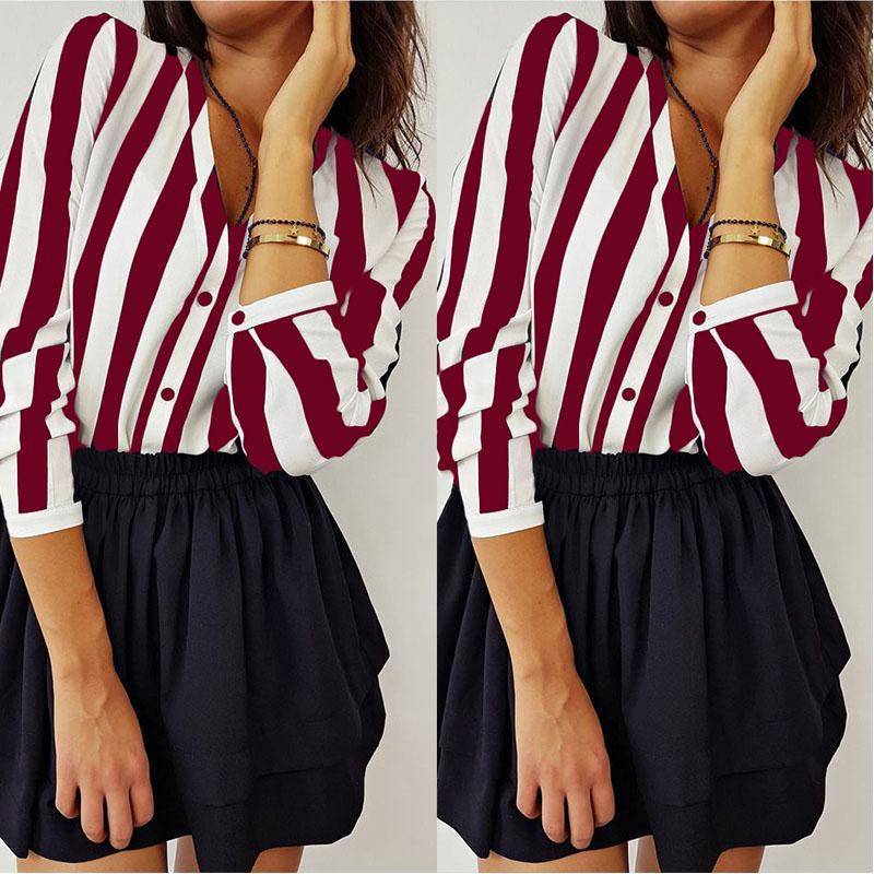 Elegante T-shirt da donna a maniche lunghe con scollo a V larga per uso casual e in ufficio