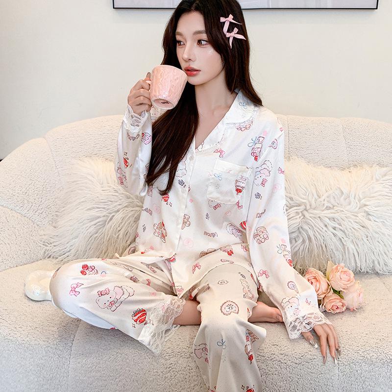 Ice Silk Pajamas Set for Women: Long Sleeve, Cartoon Print, Lace Trim, Korean Style Extra Large